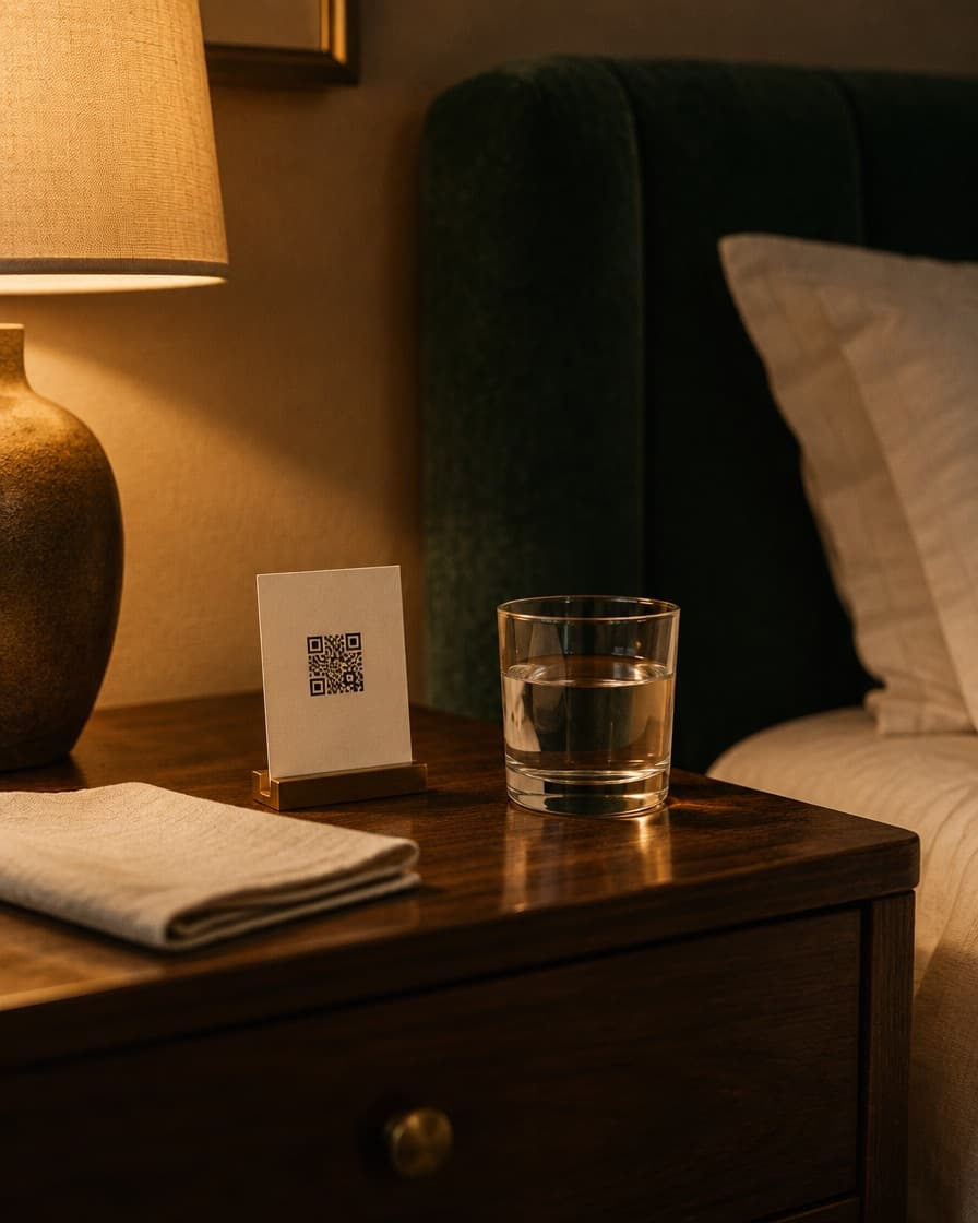 A bedside table in a hotel room at dusk: a small cream card in a brass stand showing a QR code, beside a glass of water and a folded linen napkin, lit by a warm table lamp.